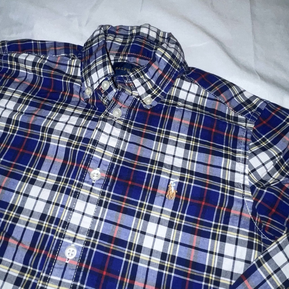 Ralph Lauren Boys Blue White Plaid Natural Stretch Button Down Shirt Size 5